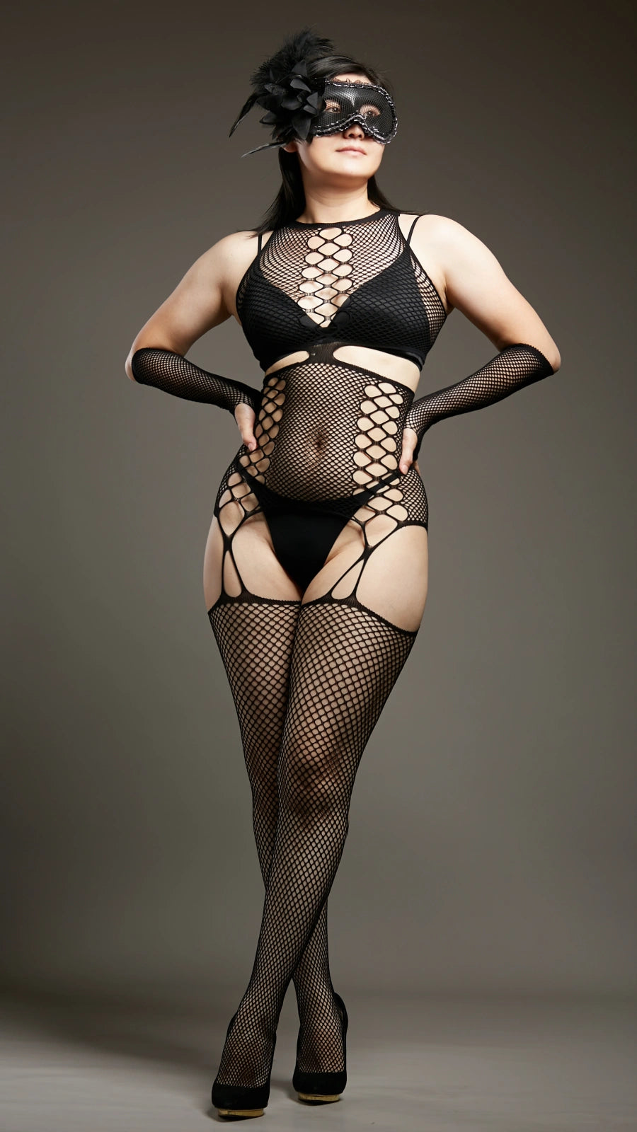 Darling Devil Fishnet Garter Bodystockings - Black