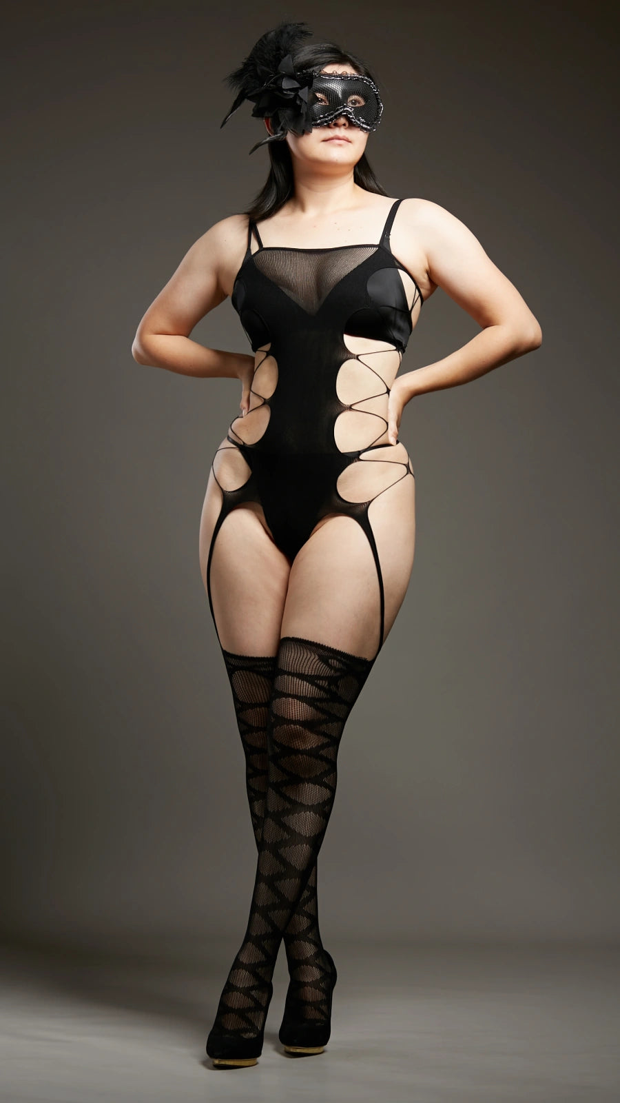 Enigma Fishnet Garter Bodystockings - Black