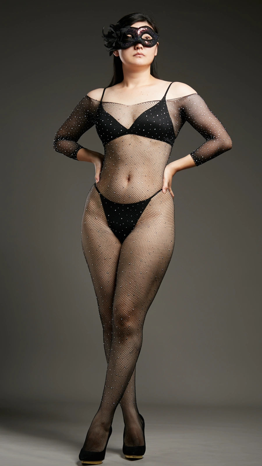 Diamond Dust Rhinestone Bodysuits - Black