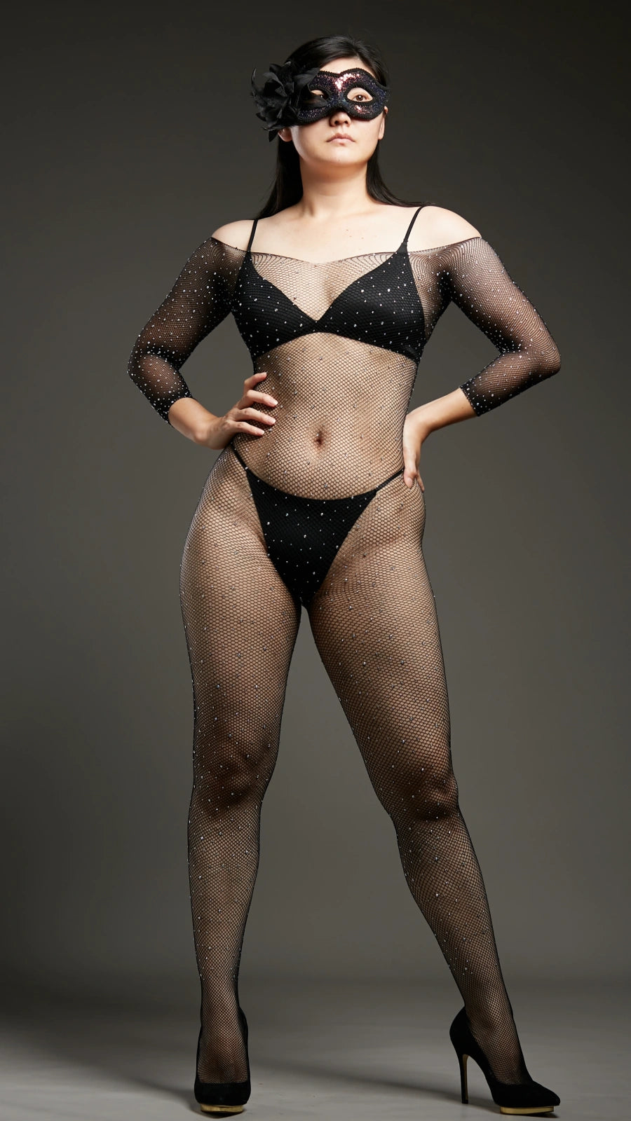 Diamond Dust Rhinestone Bodysuits - Black