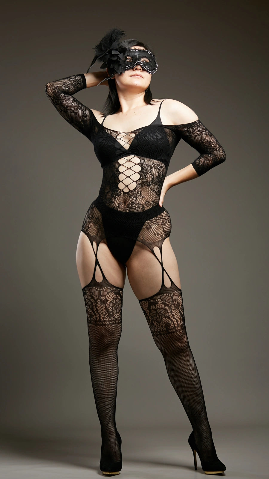 Midnight Rose Garter Bodystocking - Black