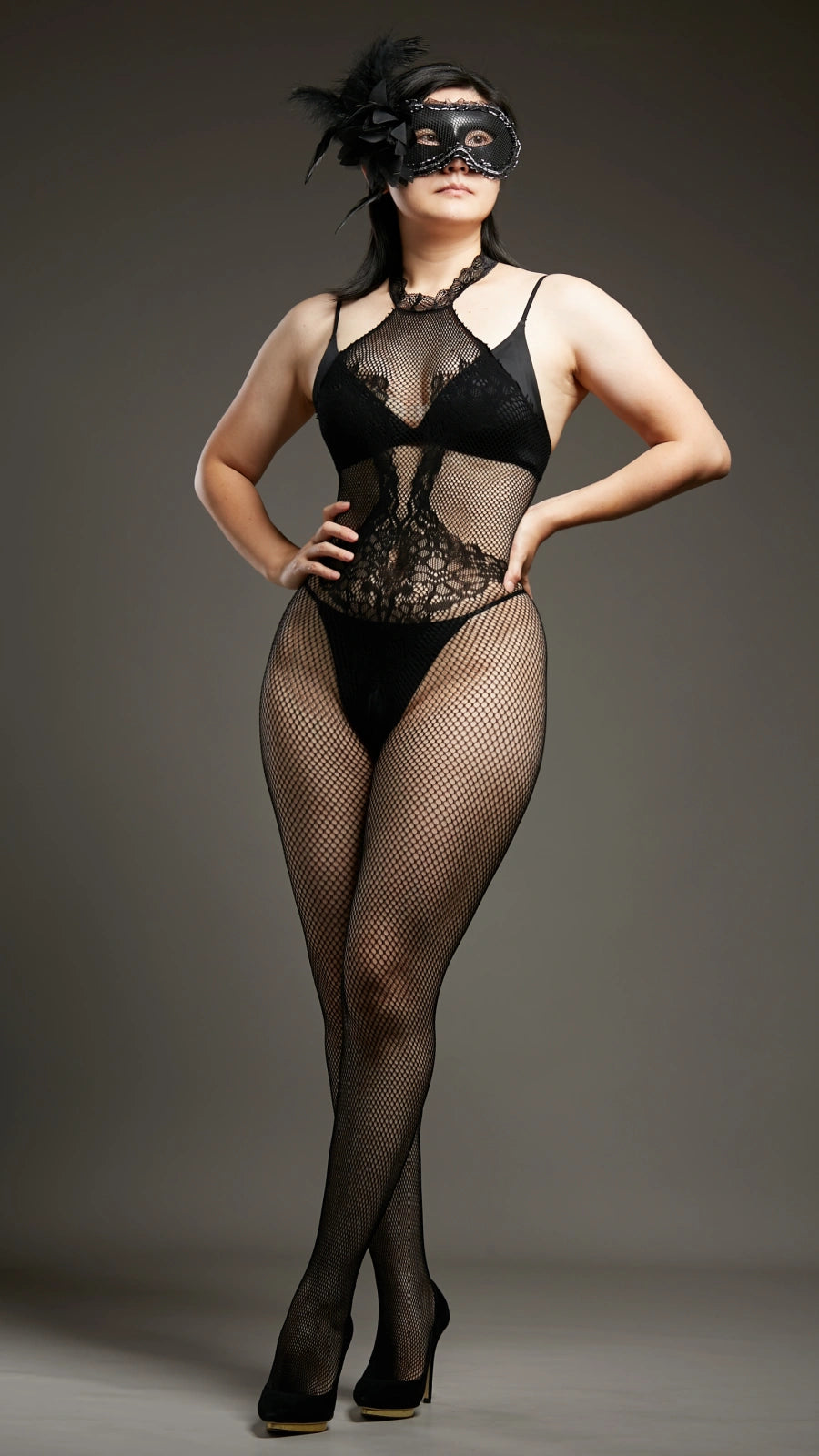 Ivory Lace Crotchless Bodystockings - Black